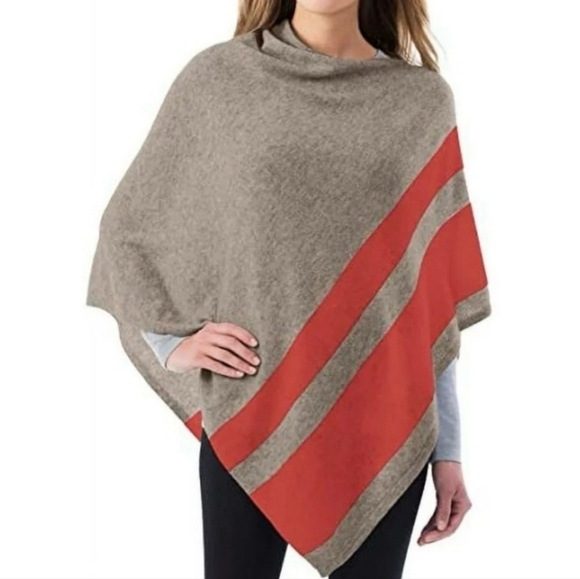 Celeste Wool Cashmere Poncho Sweater Taupe Orange Stripe One Size Cozy Casual - Picture 1 of 8